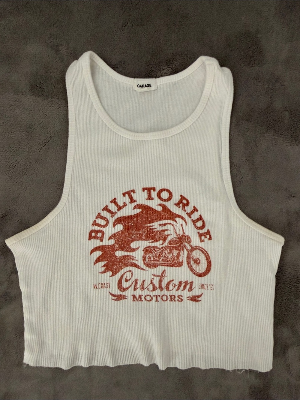Garage White Ribbed Tank with Rust Graphic Motorcycle Print